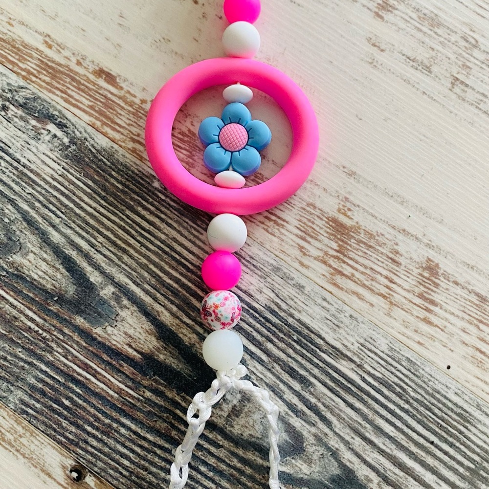 Pink and White Beaded Teething Pacifier Holder